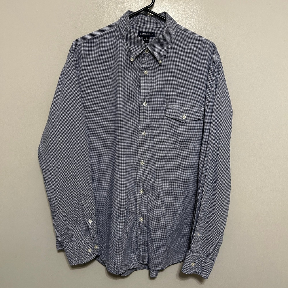 Lands End Button Down Shirt Men L 16-16.5 Navy Blue Gingham Check Preppy Coastal